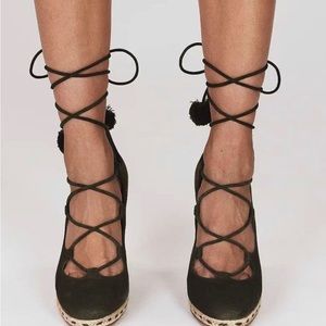 Tory Burch Women's Pompom-embellished Lace-up Satin Wedge Espadrilles, Merlot